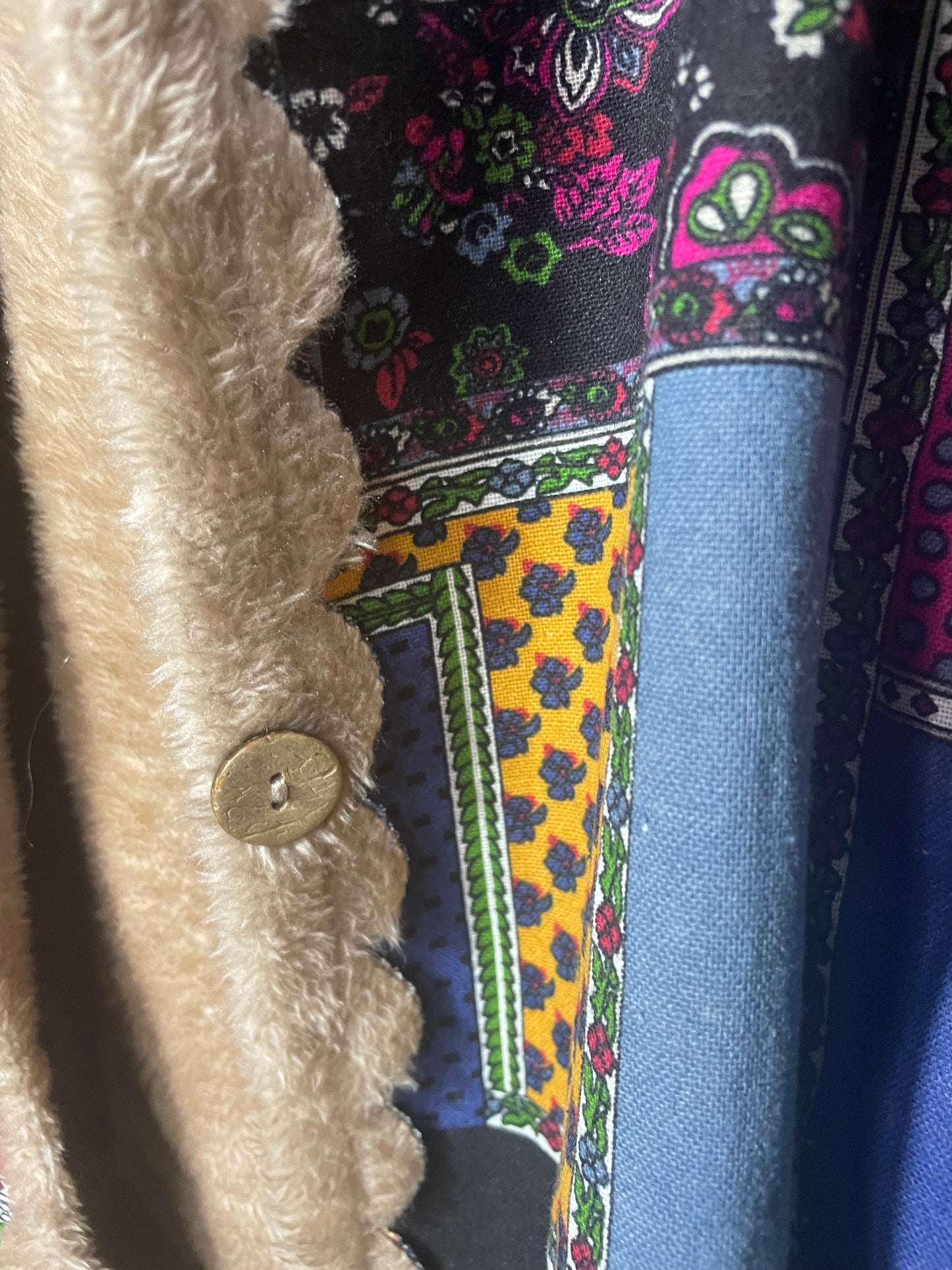 Boho patchwork style faux fur lined coat size xl