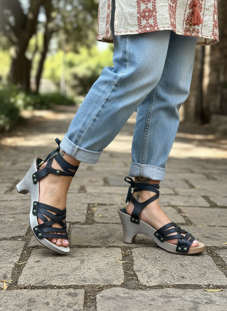 Size 6 black leather wooden heel shoes