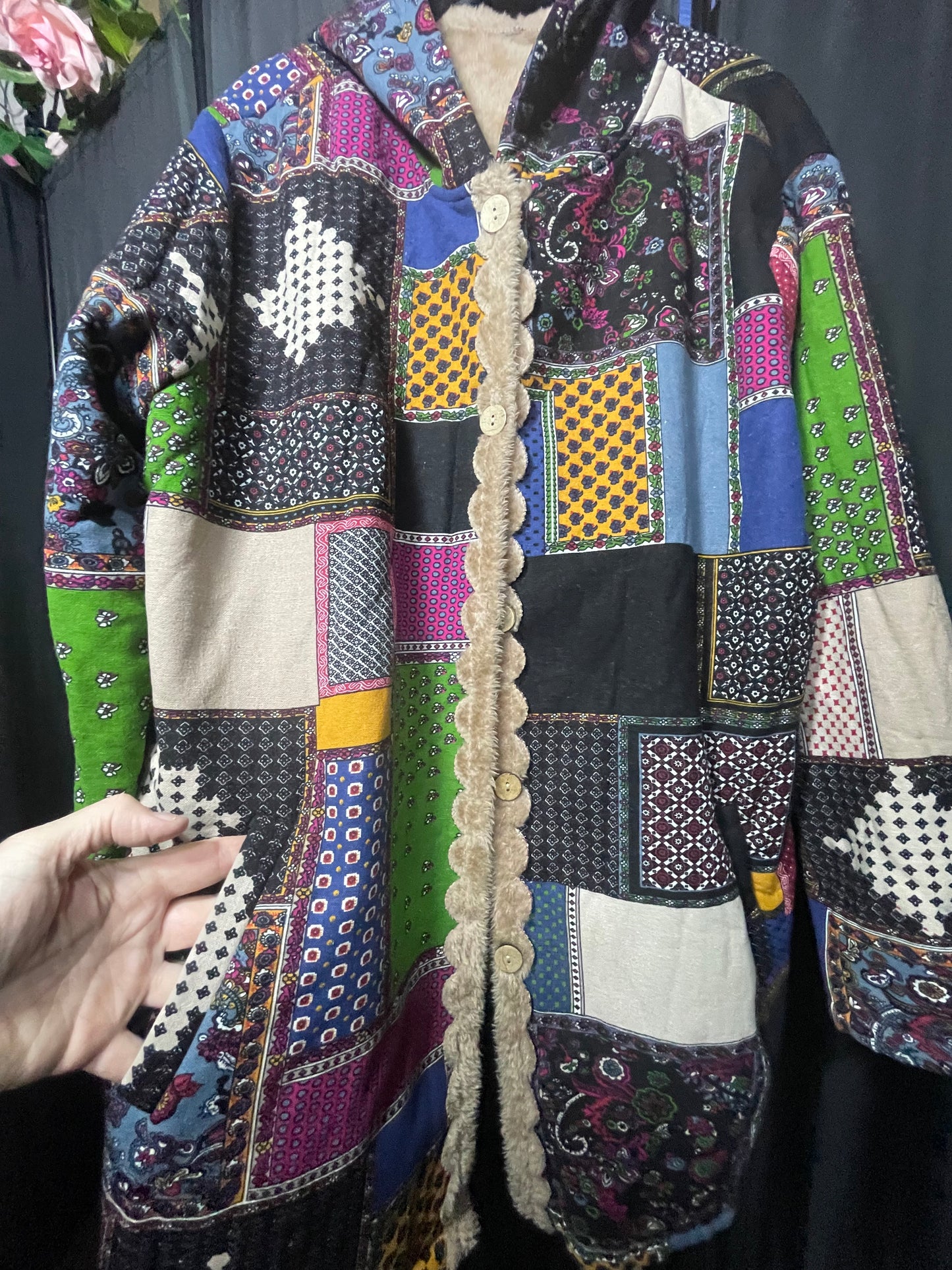 Boho patchwork style faux fur lined coat size xl