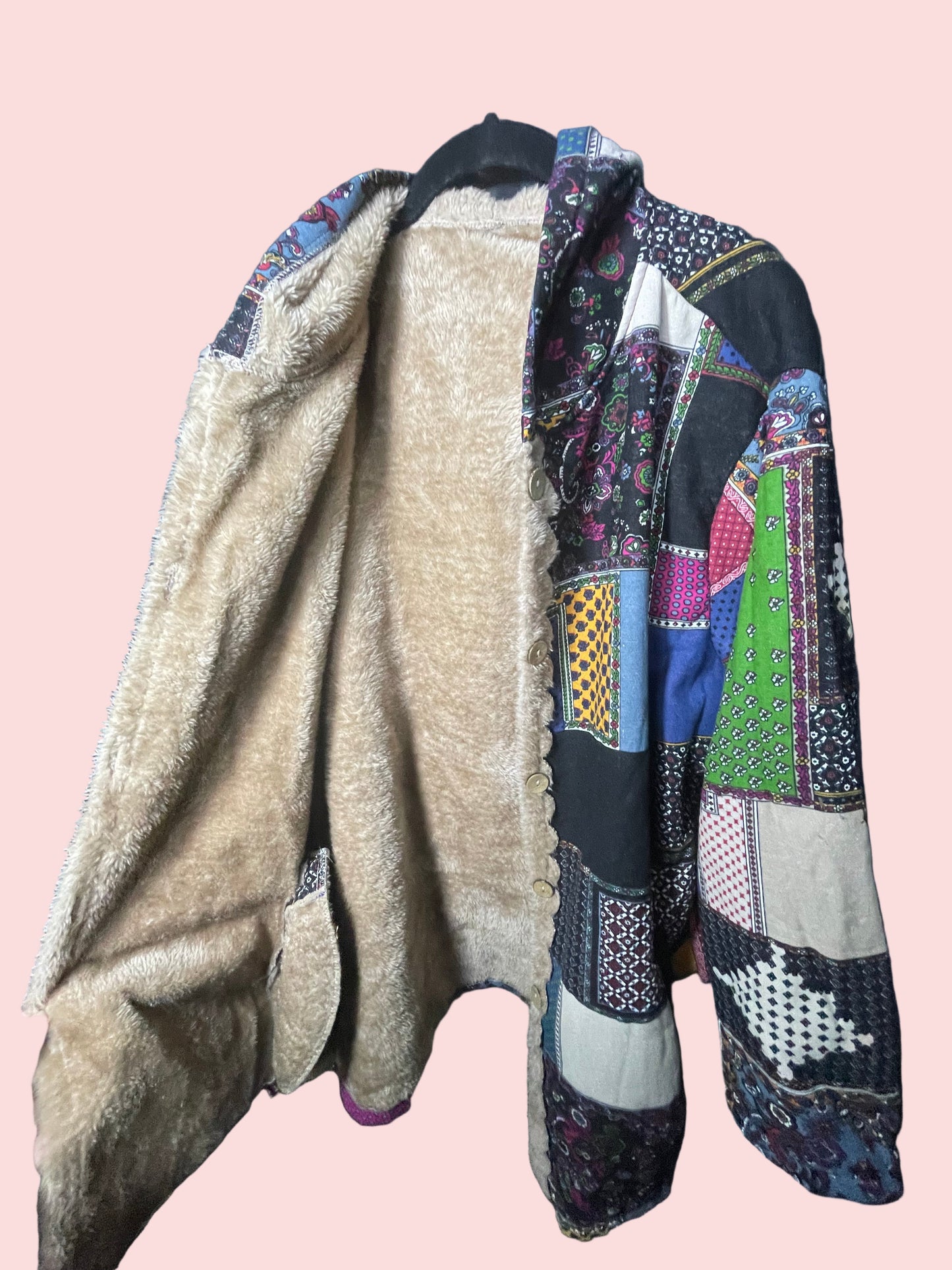 Boho patchwork style faux fur lined coat size xl