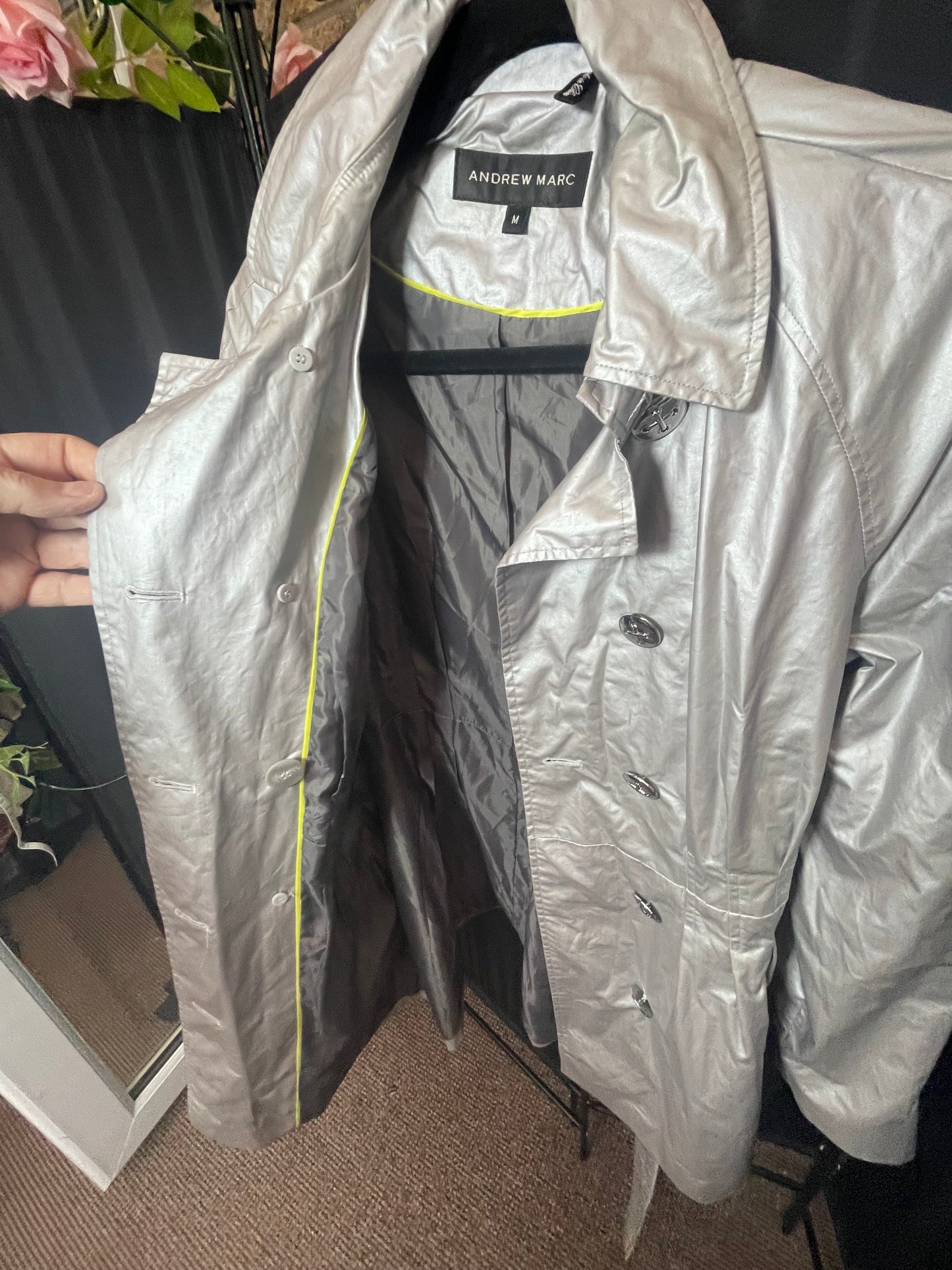 Size M silver metallic raincoat trench by Andrew Marc