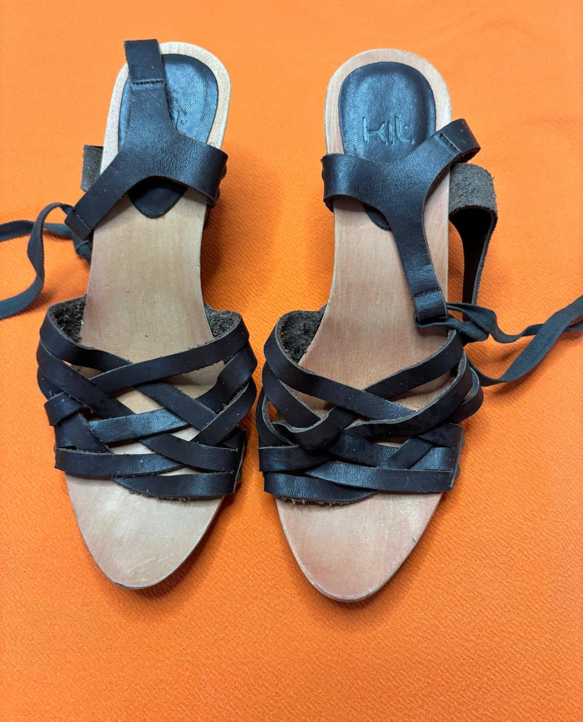 Size 6 black leather wooden heel shoes