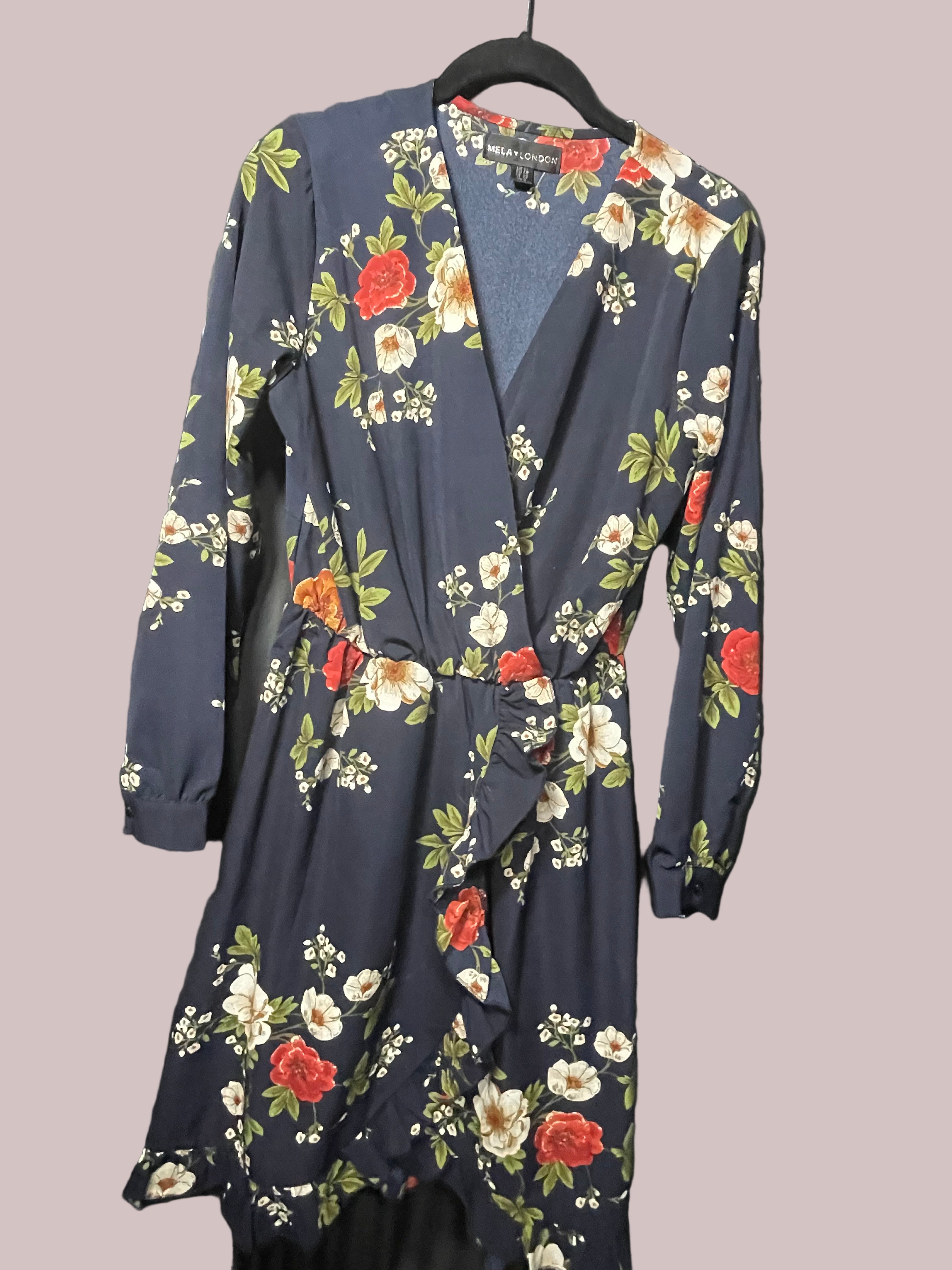 Mela London graphic floral navy dress