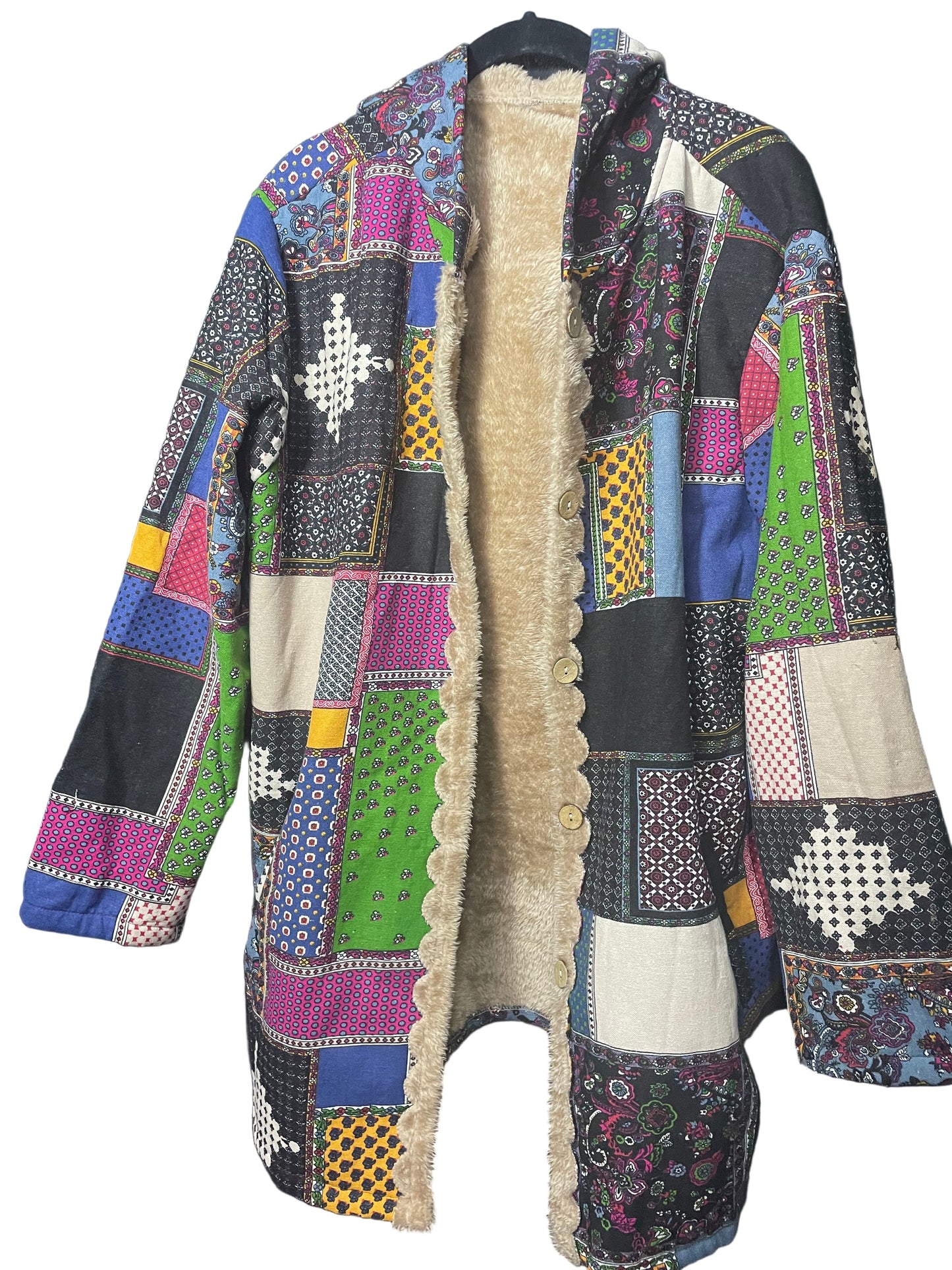 Boho patchwork style faux fur lined coat size xl