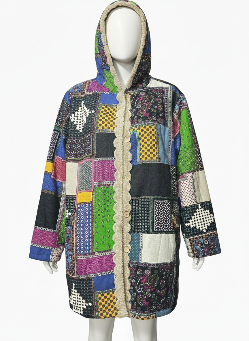 Boho patchwork style faux fur lined coat size xl