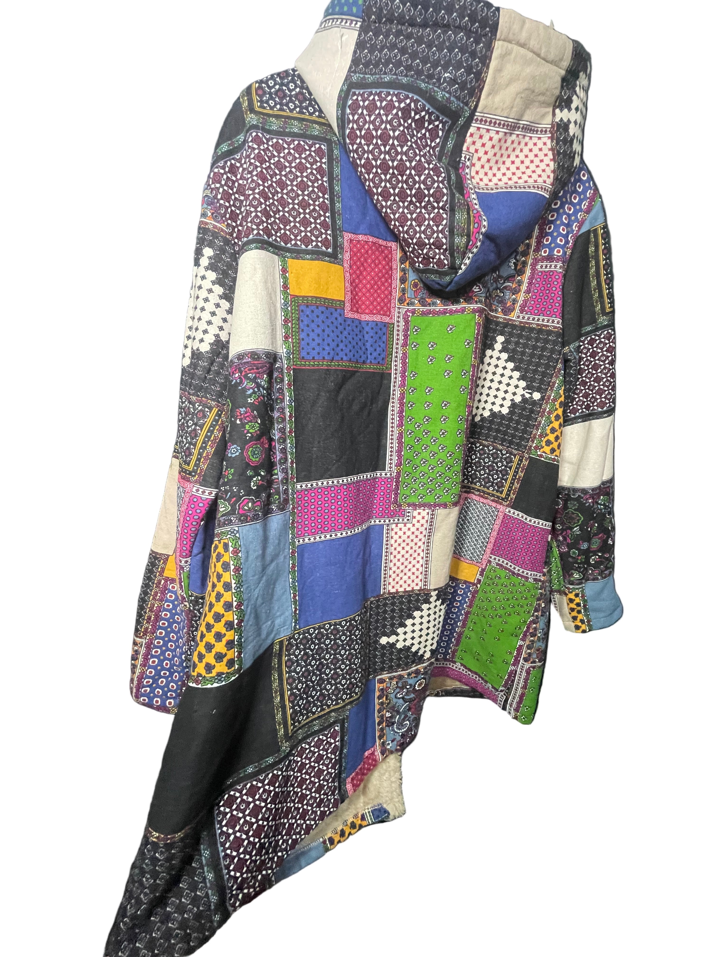 Boho patchwork style faux fur lined coat size xl
