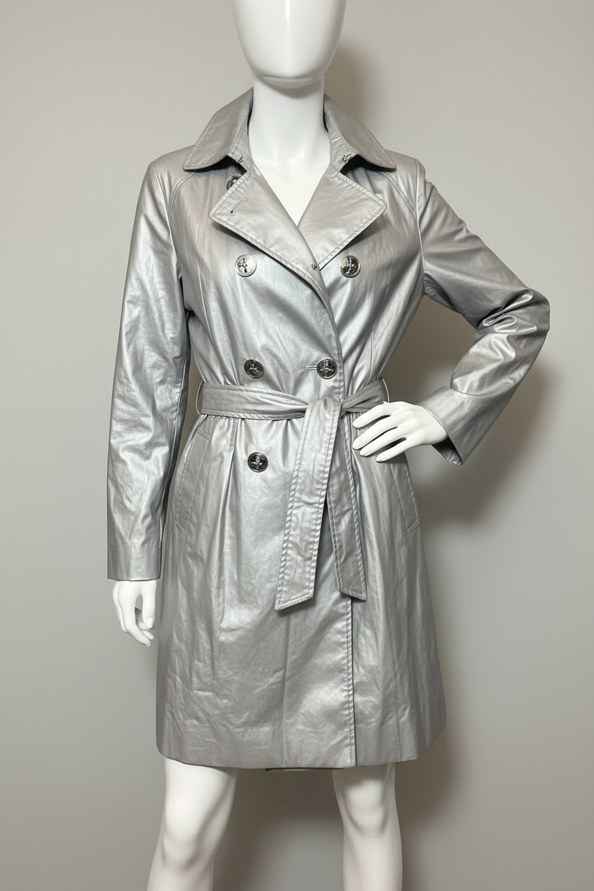 Size M silver metallic raincoat trench by Andrew Marc